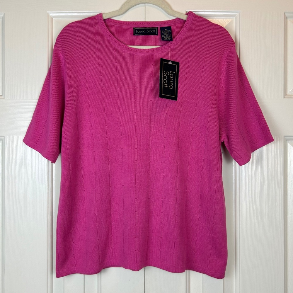 NWT Vintage Laura Scott Pink Short Sleeve Pointelle Knit Sweater Top XL